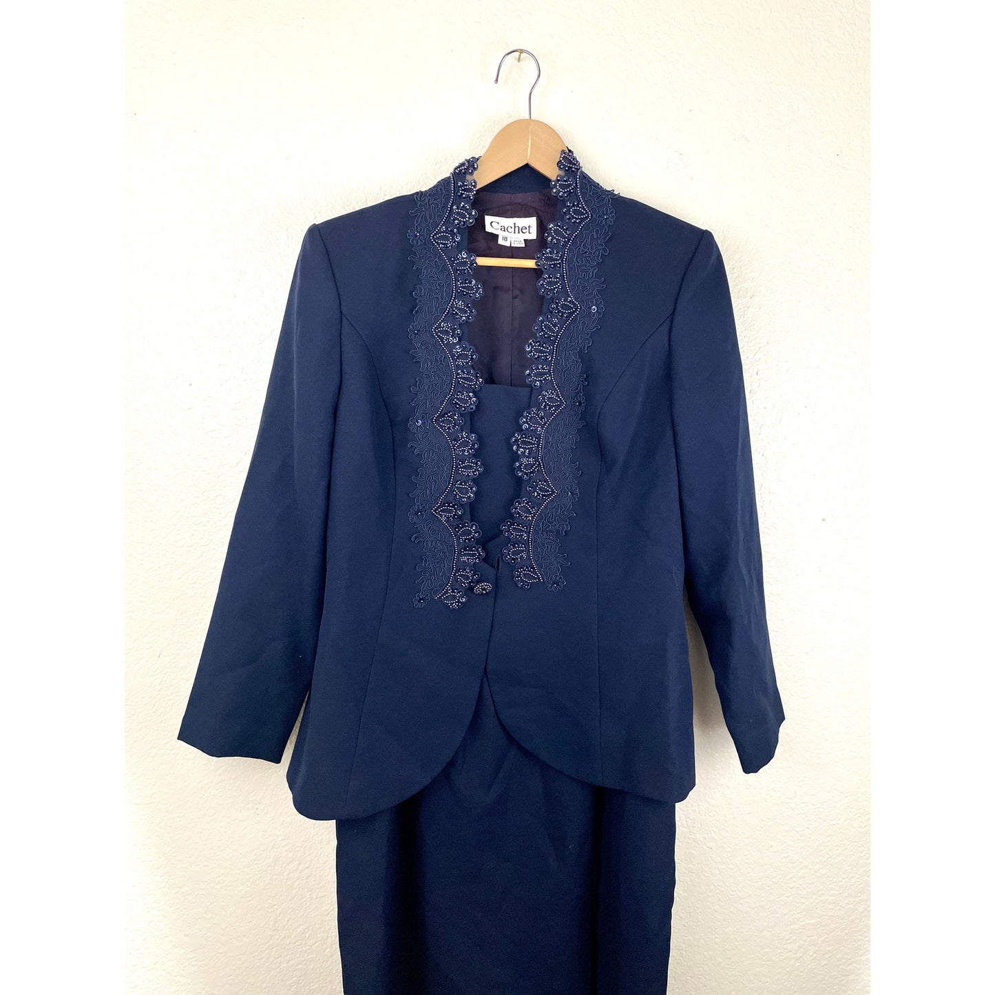 VTG Cachet Dark Blue 2 PC Dress with Blazer Sz 18 Long Pearl Beaded FLAW