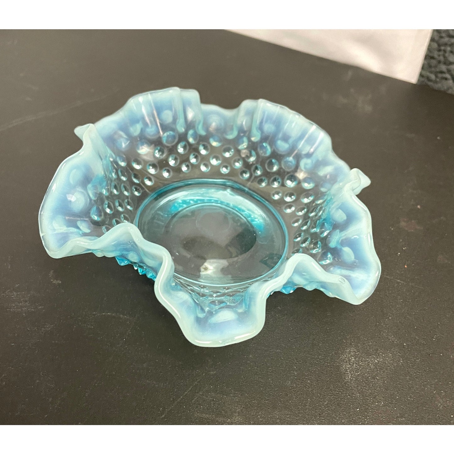 VTG Fenton Ruffled Blue Hobnail Glass Candy Dish Crimped Edges Home Decor