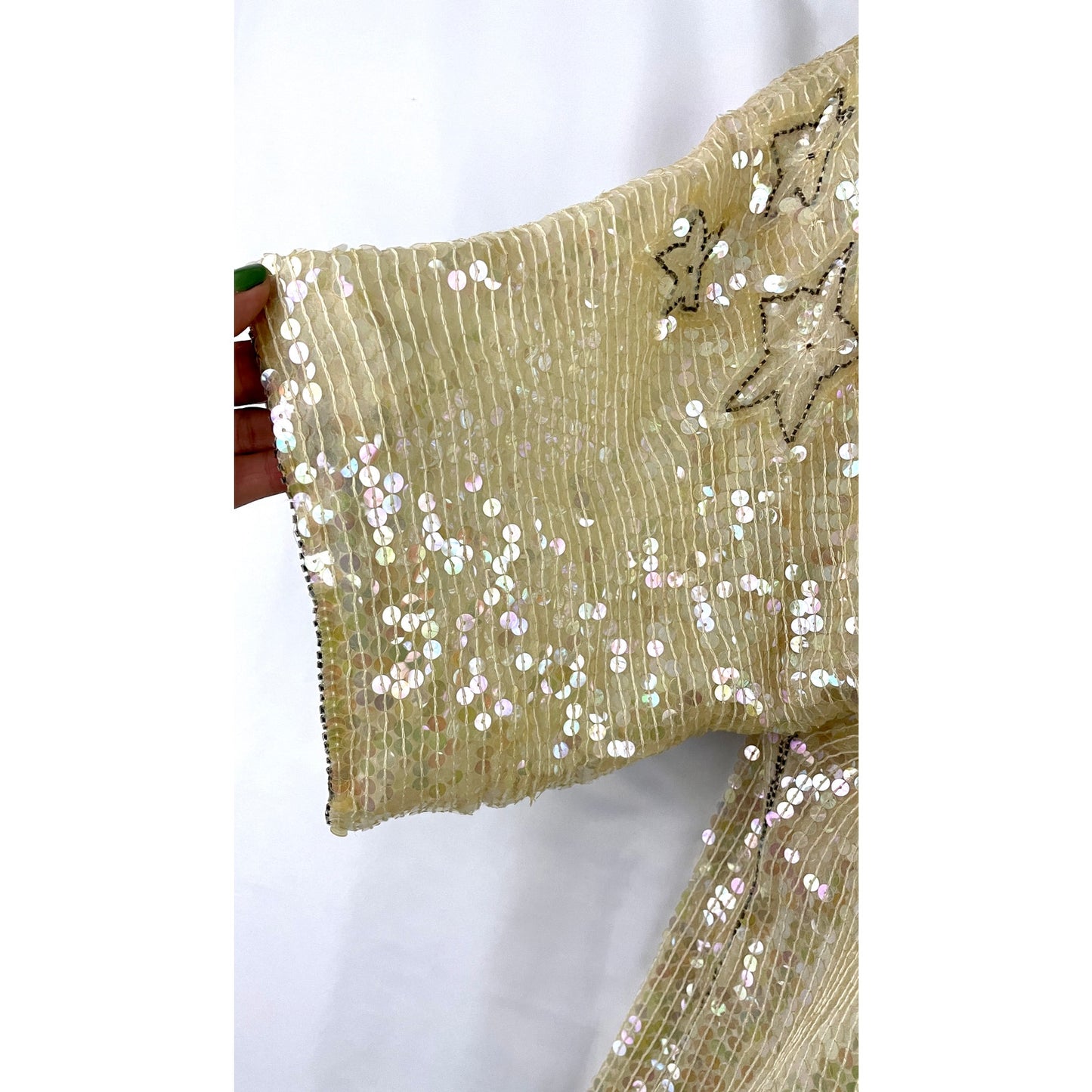 VTG Beige Sequin Stars Top SMALL 100% Silk Beaded Lined Women's MARQUIS