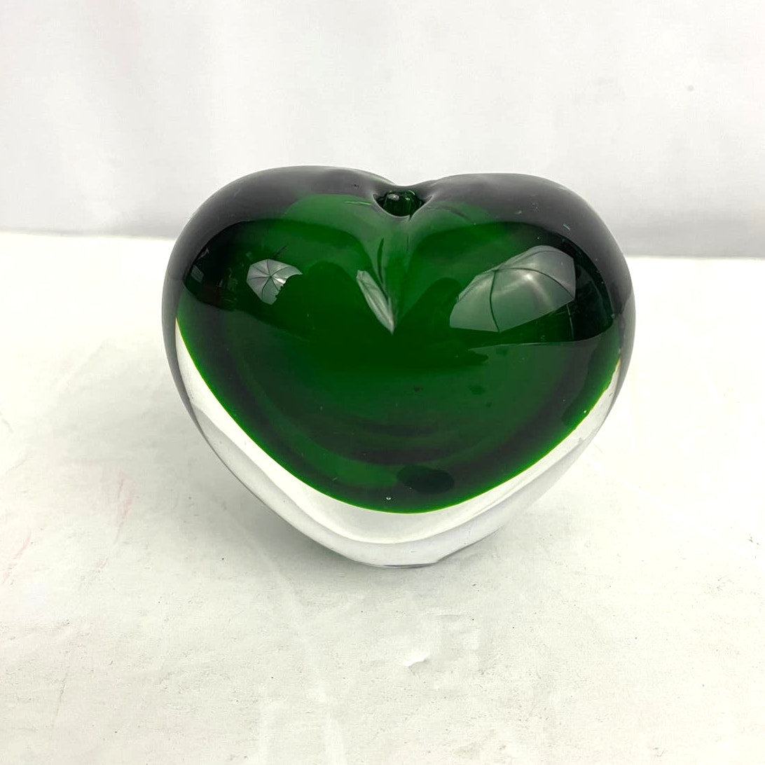 Crystal Green Clear Heart Shaped Paperweight Bud Vase Art Glass 2.5"