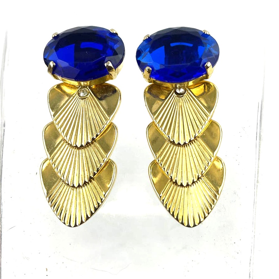 VTG Gold Tone Metal Clip On Earrings Blue Rhinestone Retro Kitsch