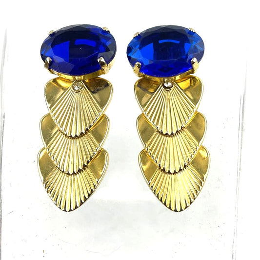 VTG Gold Tone Metal Clip On Earrings Blue Rhinestone Retro Kitsch