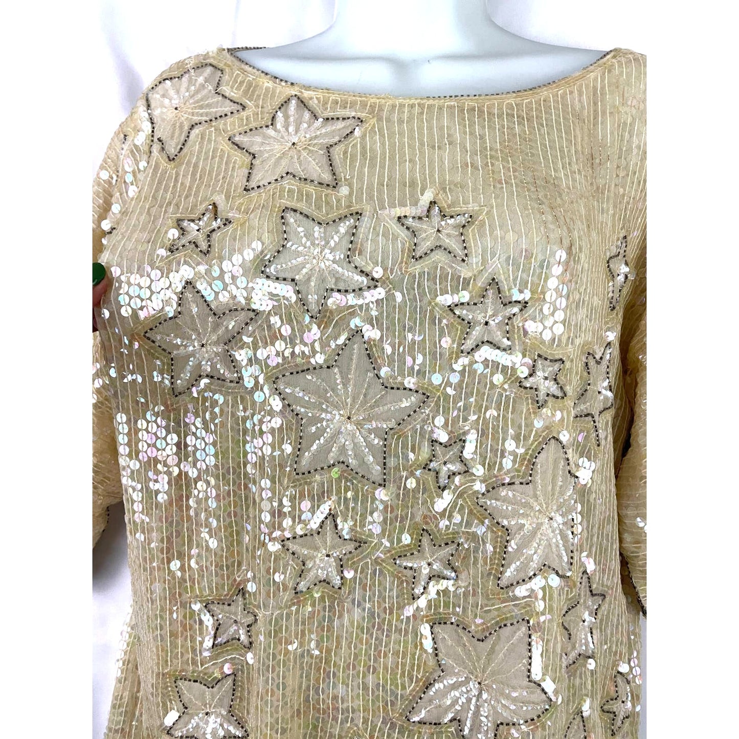 VTG Beige Sequin Stars Top SMALL 100% Silk Beaded Lined Women's MARQUIS