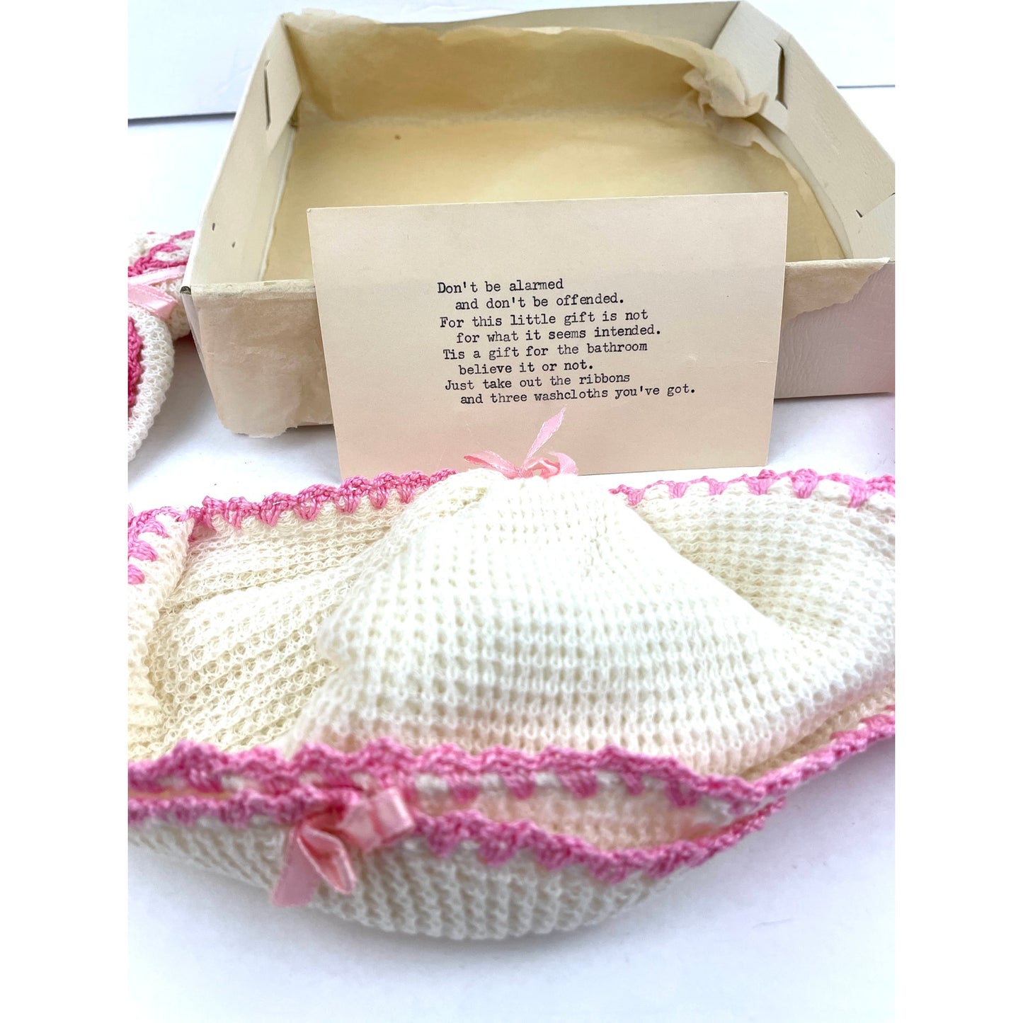 VTG 3 Crochet Washcloths Gift Set Unique Typed Note White with Pink Border