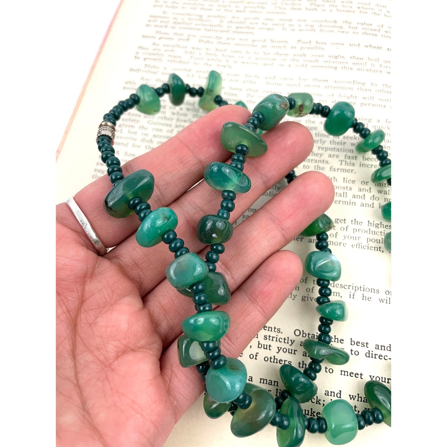 Natural Stone Green Agate Nugget Rock Beaded Necklace Seed Bead 20"