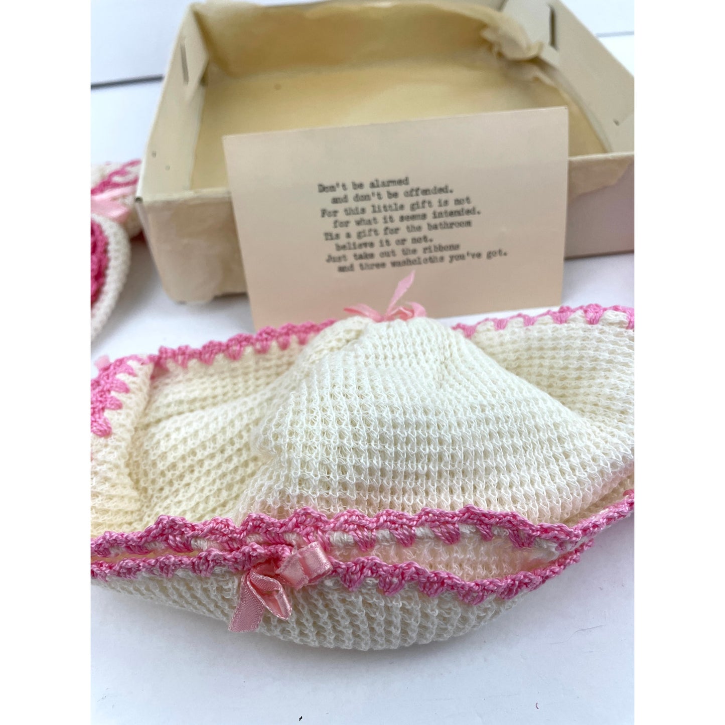 VTG 3 Crochet Washcloths Gift Set Unique Typed Note White with Pink Border