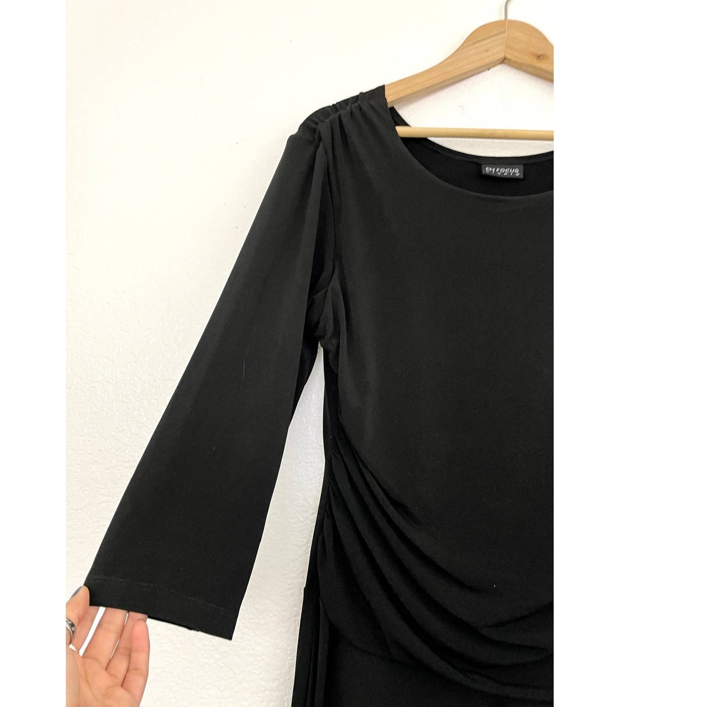 Black Cling Black Stretch Dress Sz Medium Ruched VTG EnFocus Studio Women's