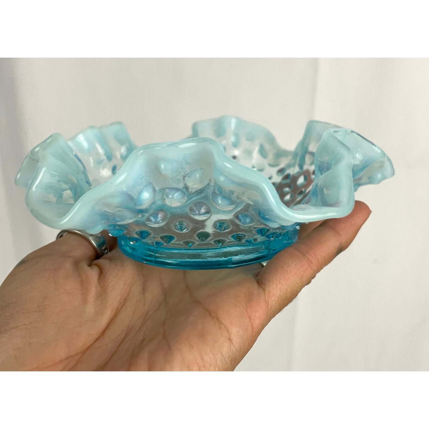 VTG Fenton Ruffled Blue Hobnail Glass Candy Dish Crimped Edges Home Decor