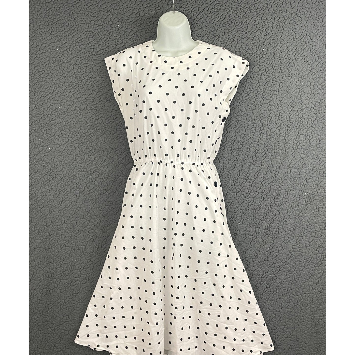 White Polka Dot Dress Sz 12 Side Buttons Sleeveless VTG Sally Lou 1980s Classic