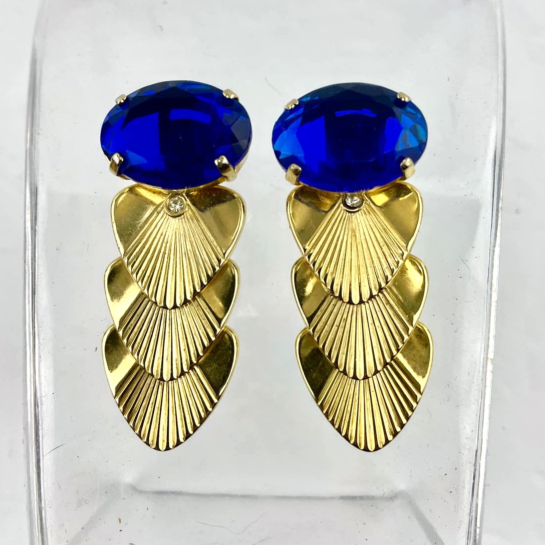 VTG Gold Tone Metal Clip On Earrings Blue Rhinestone Retro Kitsch