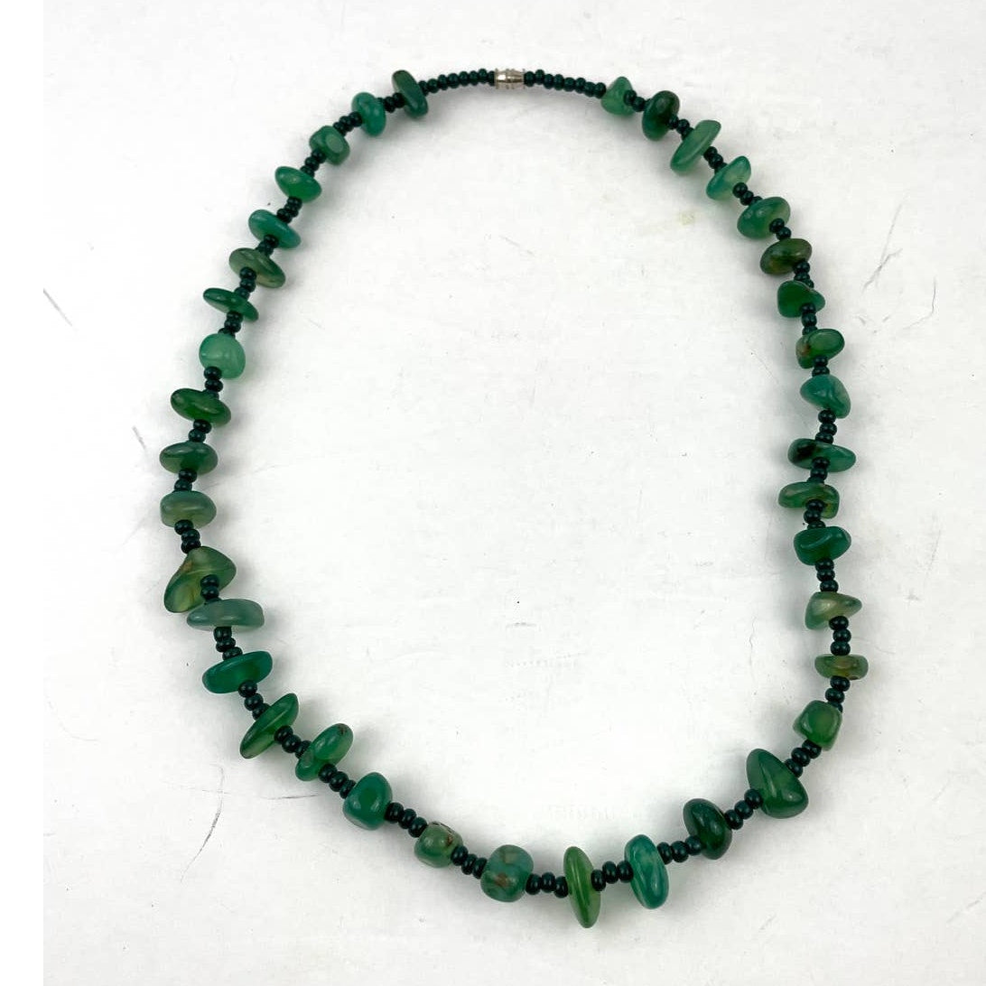 Natural Stone Green Agate Nugget Rock Beaded Necklace Seed Bead 20"