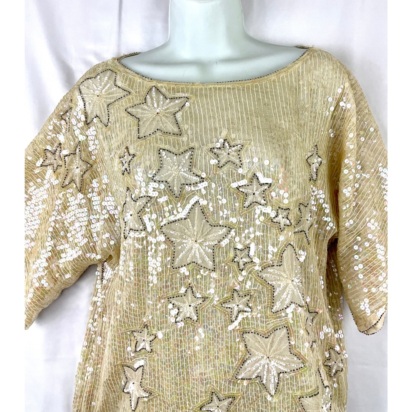 VTG Beige Sequin Stars Top SMALL 100% Silk Beaded Lined Women's MARQUIS