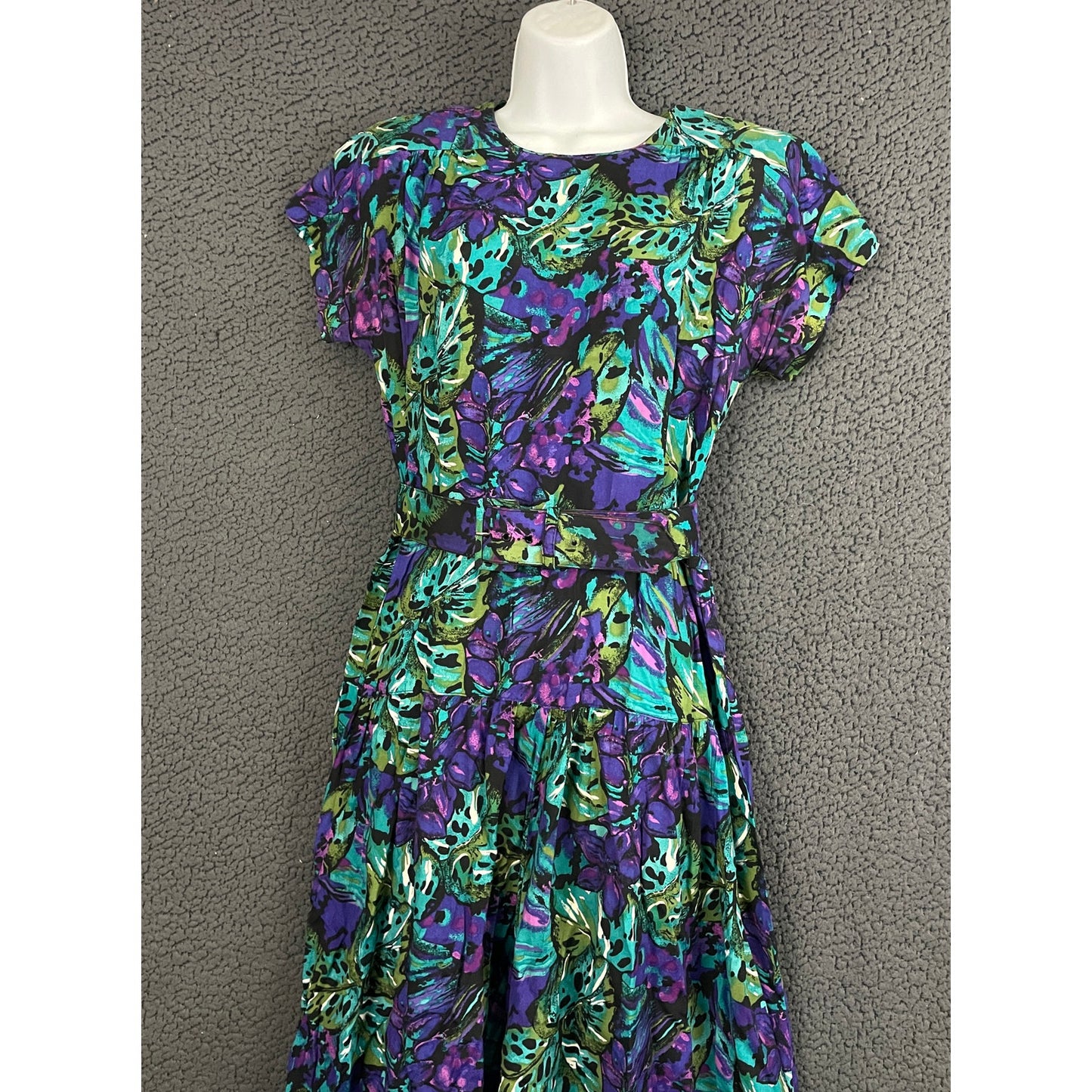 VTG Luci Pellini Tropical Floral Print Dress Sz 10 Regular 80's Belted Women's