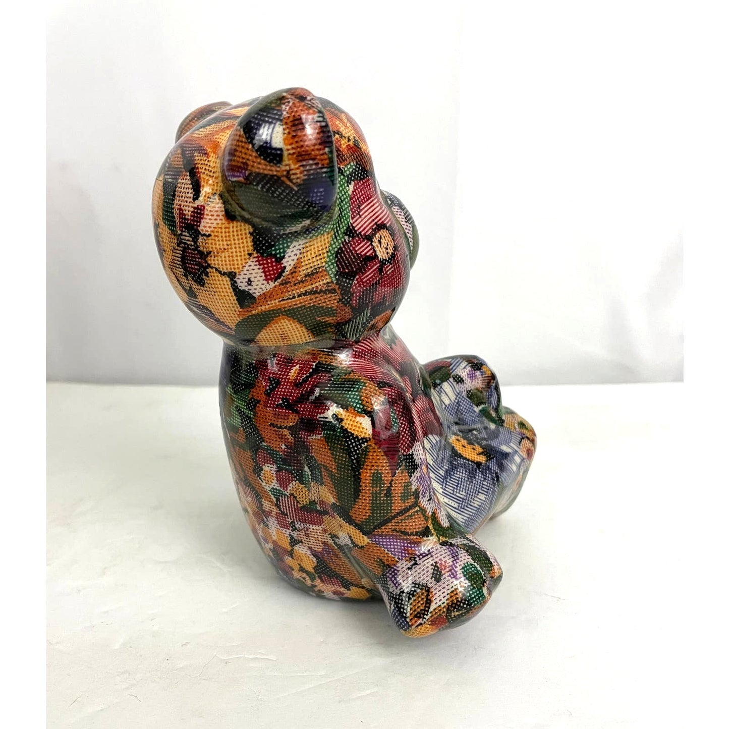 VTG Bear Multicolored Floral Patchwork Sitting Yoga Pose 6.5" Tall