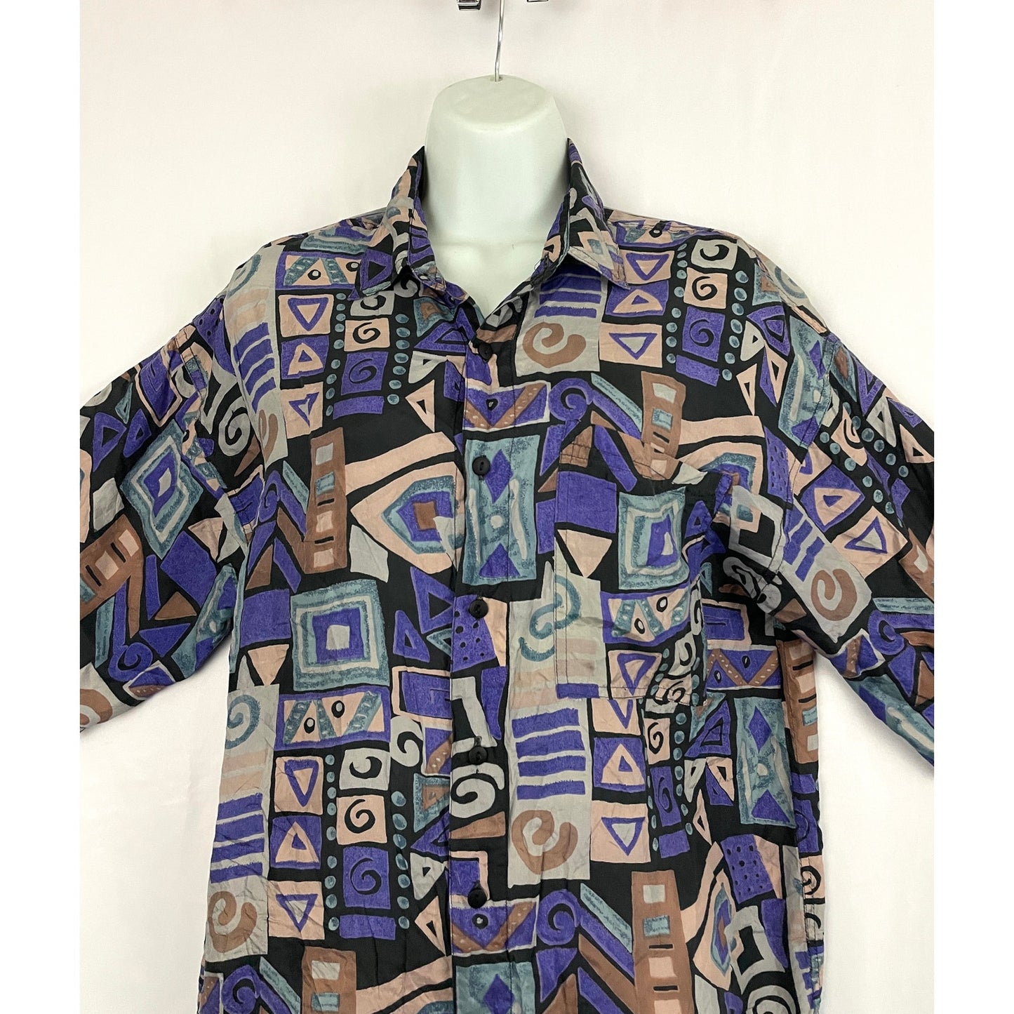 VTG Chiamare Funky Print Blouse LARGE Women's 100% Silk Collared 1990s Retro