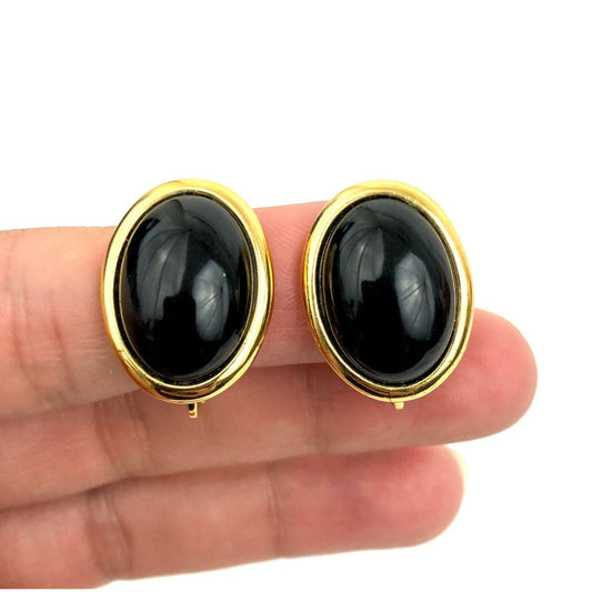 VTG Trifari Gold Lucite Clip On Earrings Black Cabochon Oval SIGNED