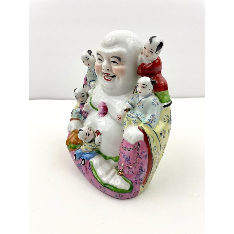 VTG Chinese Porcelain Laughing Buddha Figure With Five Children Hand Painted 6"