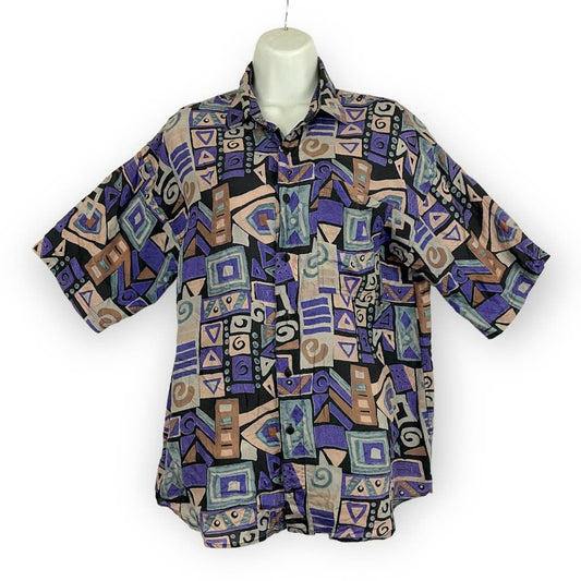 VTG Chiamare Funky Print Blouse LARGE Women's 100% Silk Collared 1990s Retro