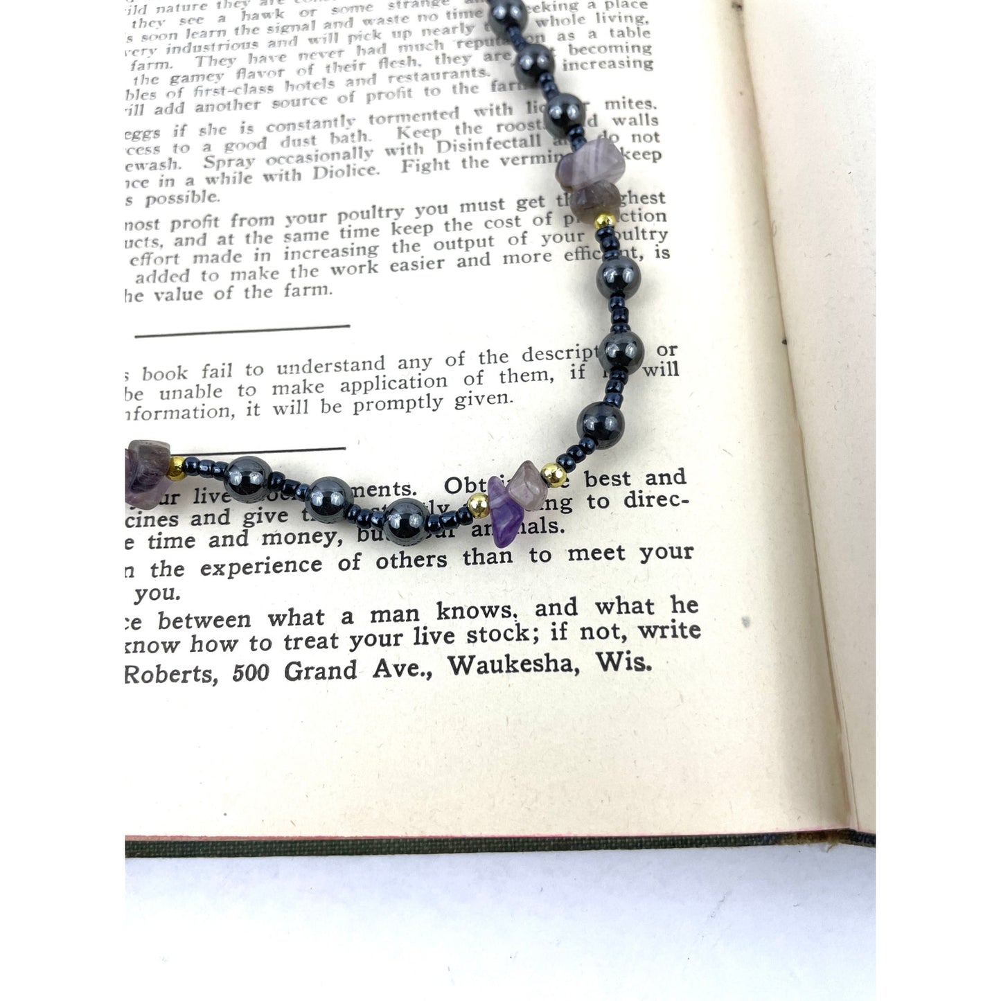 Natural Stone and Metal Beaded Necklace Amethyst  16" Choker Purple Gray