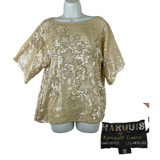 VTG Beige Sequin Stars Top SMALL 100% Silk Beaded Lined Women's MARQUIS