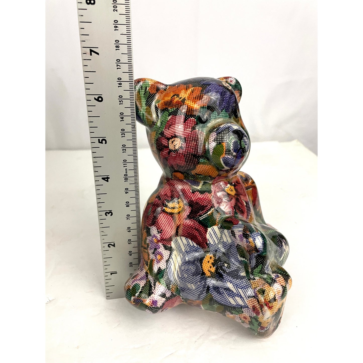 VTG Bear Multicolored Floral Patchwork Sitting Yoga Pose 6.5" Tall