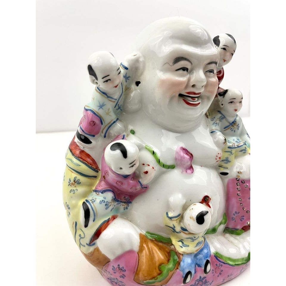 VTG Chinese Porcelain Laughing Buddha Figure With Five Children Hand Painted 6"