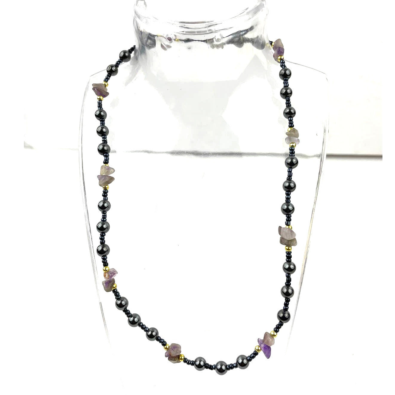 Natural Stone and Metal Beaded Necklace Amethyst  16" Choker Purple Gray