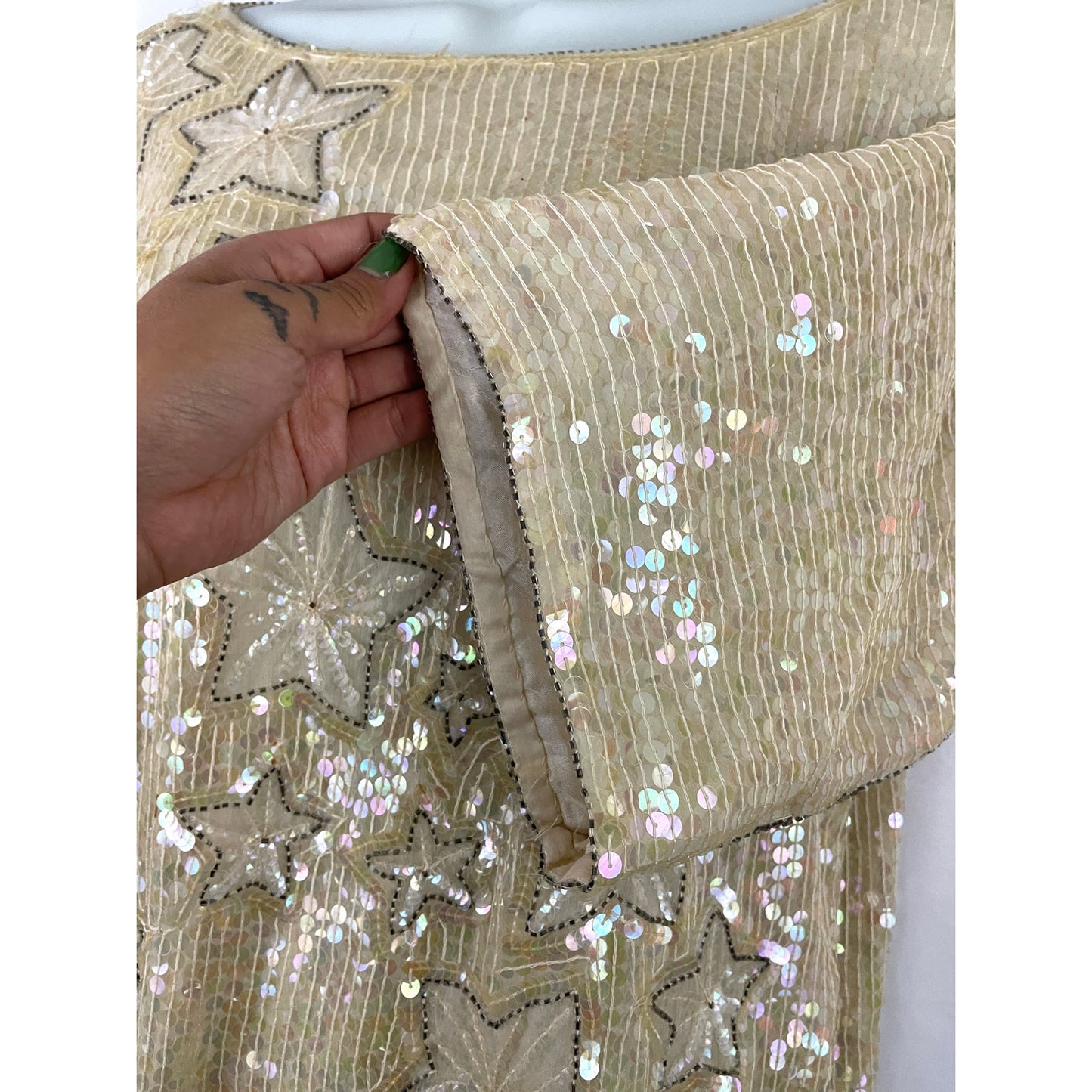 VTG Beige Sequin Stars Top SMALL 100% Silk Beaded Lined Women's MARQUIS