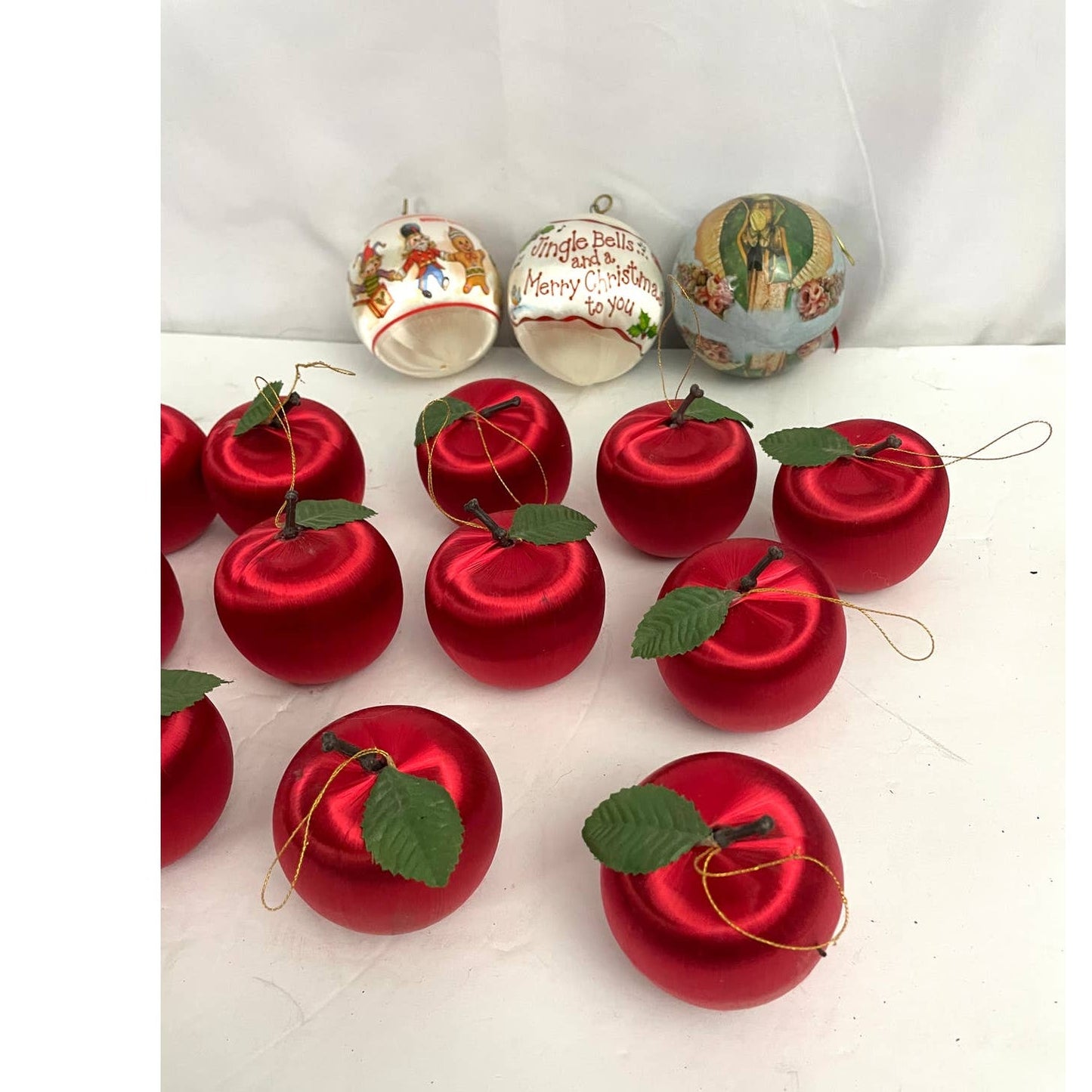 18 VTG Small Shiny Satin Spun Apple and Classic Ornaments Holiday Christmas