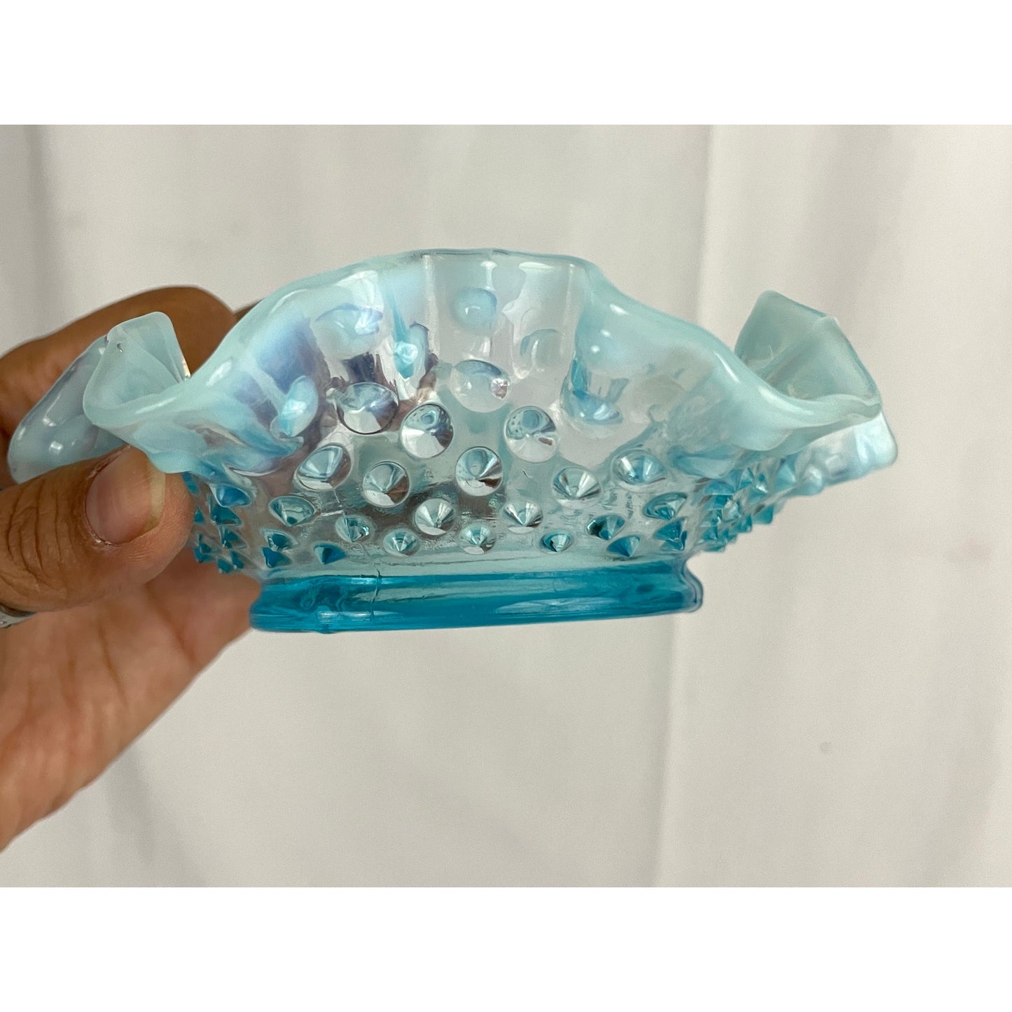 VTG Fenton Ruffled Blue Hobnail Glass Candy Dish Crimped Edges Home Decor