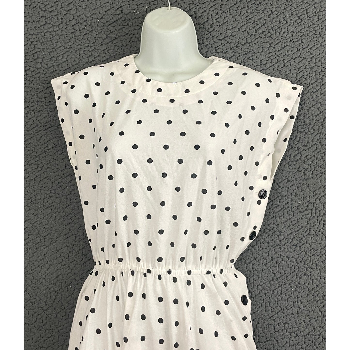 White Polka Dot Dress Sz 12 Side Buttons Sleeveless VTG Sally Lou 1980s Classic