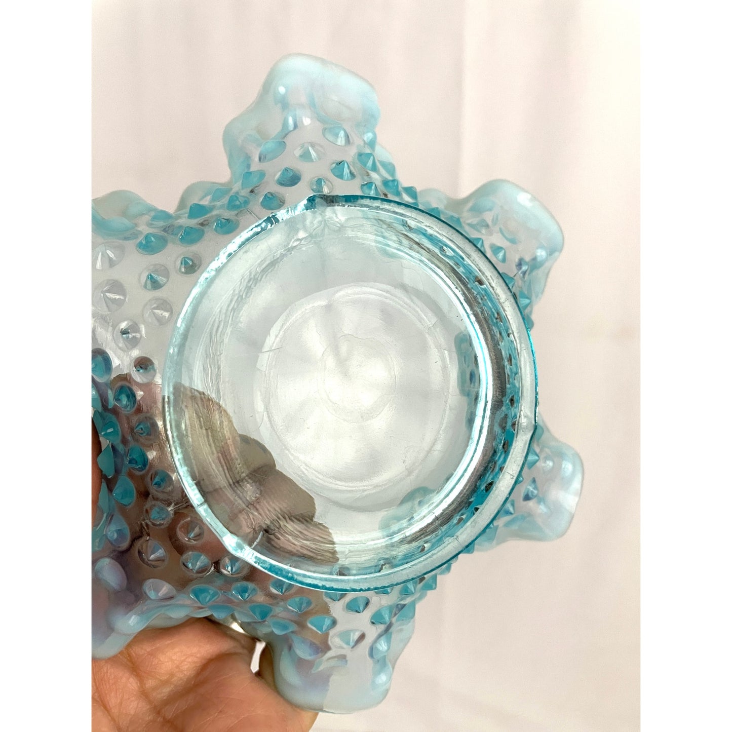 VTG Fenton Ruffled Blue Hobnail Glass Candy Dish Crimped Edges Home Decor