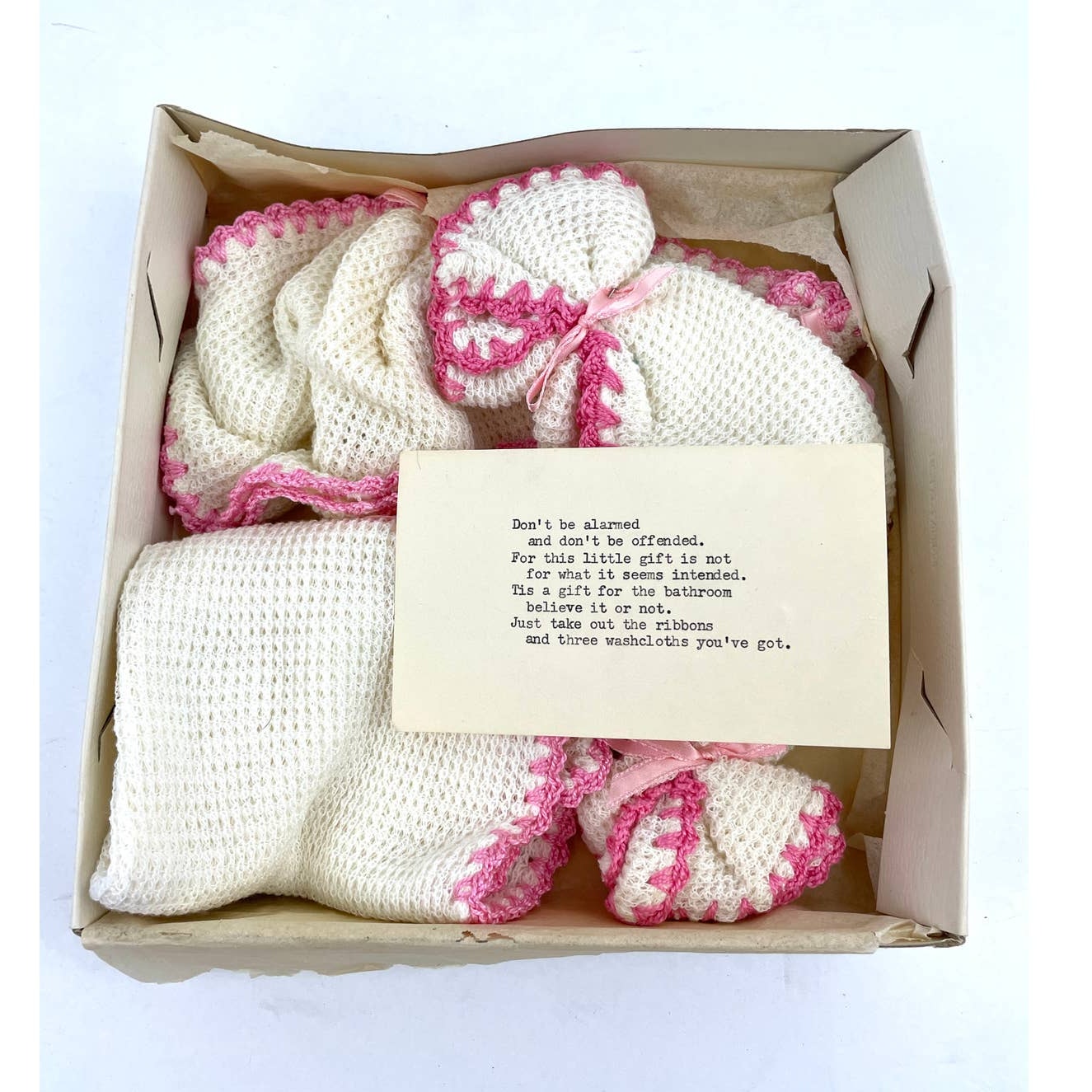 VTG 3 Crochet Washcloths Gift Set Unique Typed Note White with Pink Border