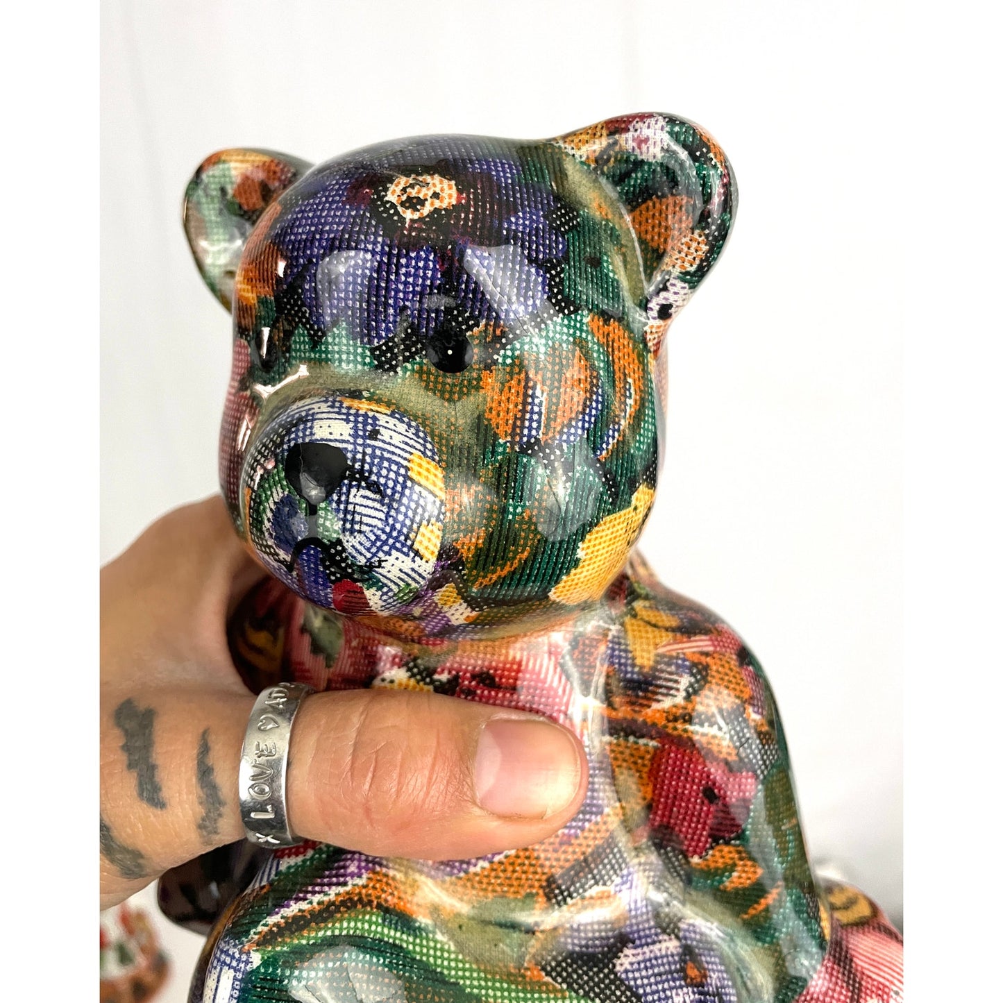 VTG Bear Multicolored Floral Patchwork Sitting Yoga Pose 6.5" Tall