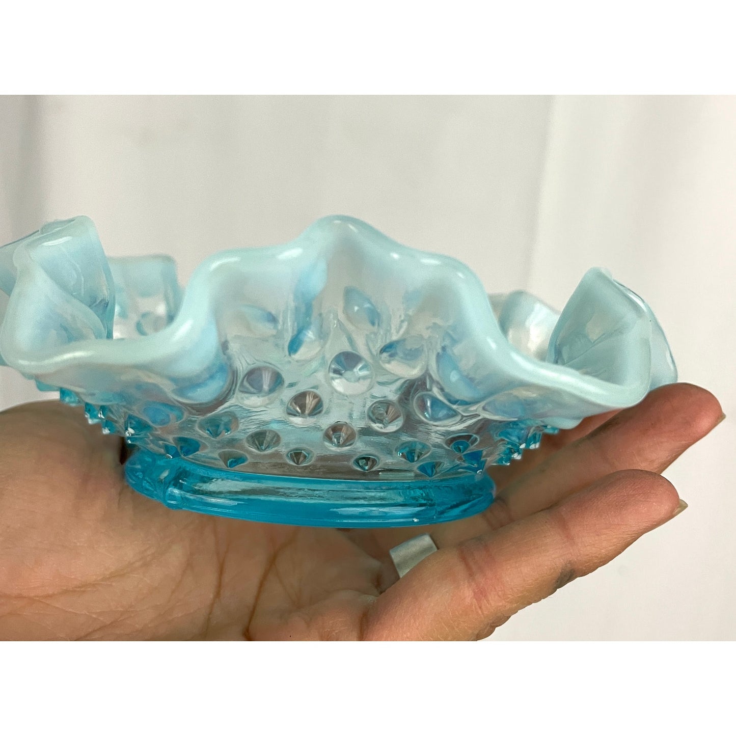 VTG Fenton Ruffled Blue Hobnail Glass Candy Dish Crimped Edges Home Decor