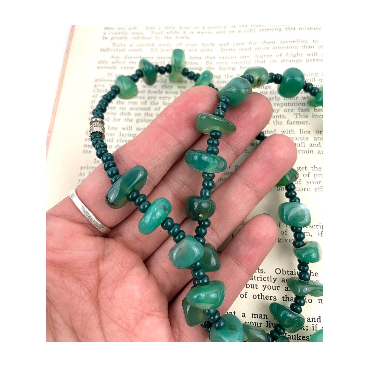 Natural Stone Green Agate Nugget Rock Beaded Necklace Seed Bead 20"