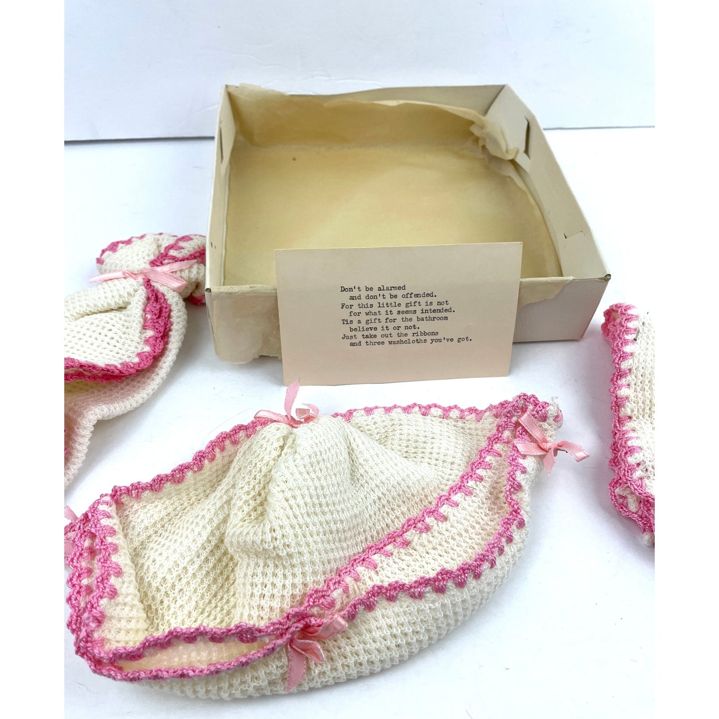 VTG 3 Crochet Washcloths Gift Set Unique Typed Note White with Pink Border