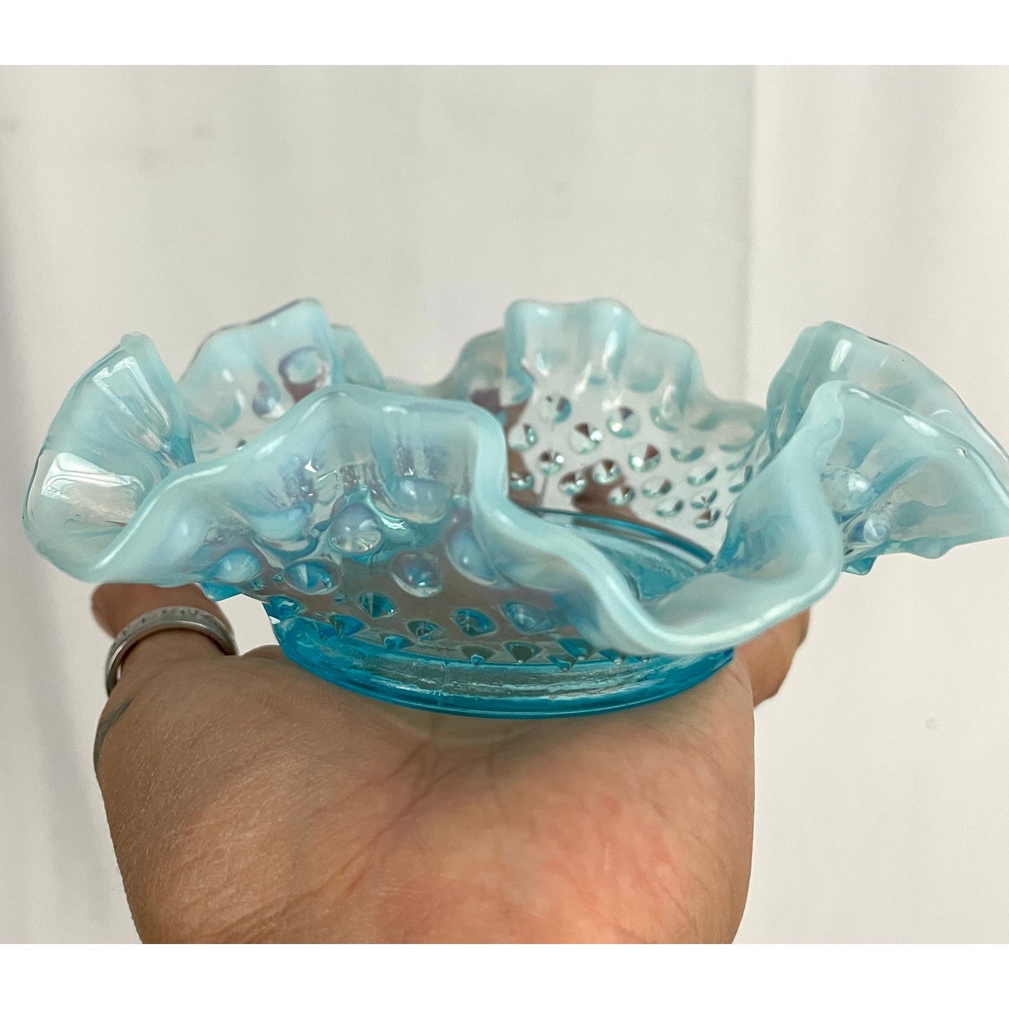 VTG Fenton Ruffled Blue Hobnail Glass Candy Dish Crimped Edges Home Decor