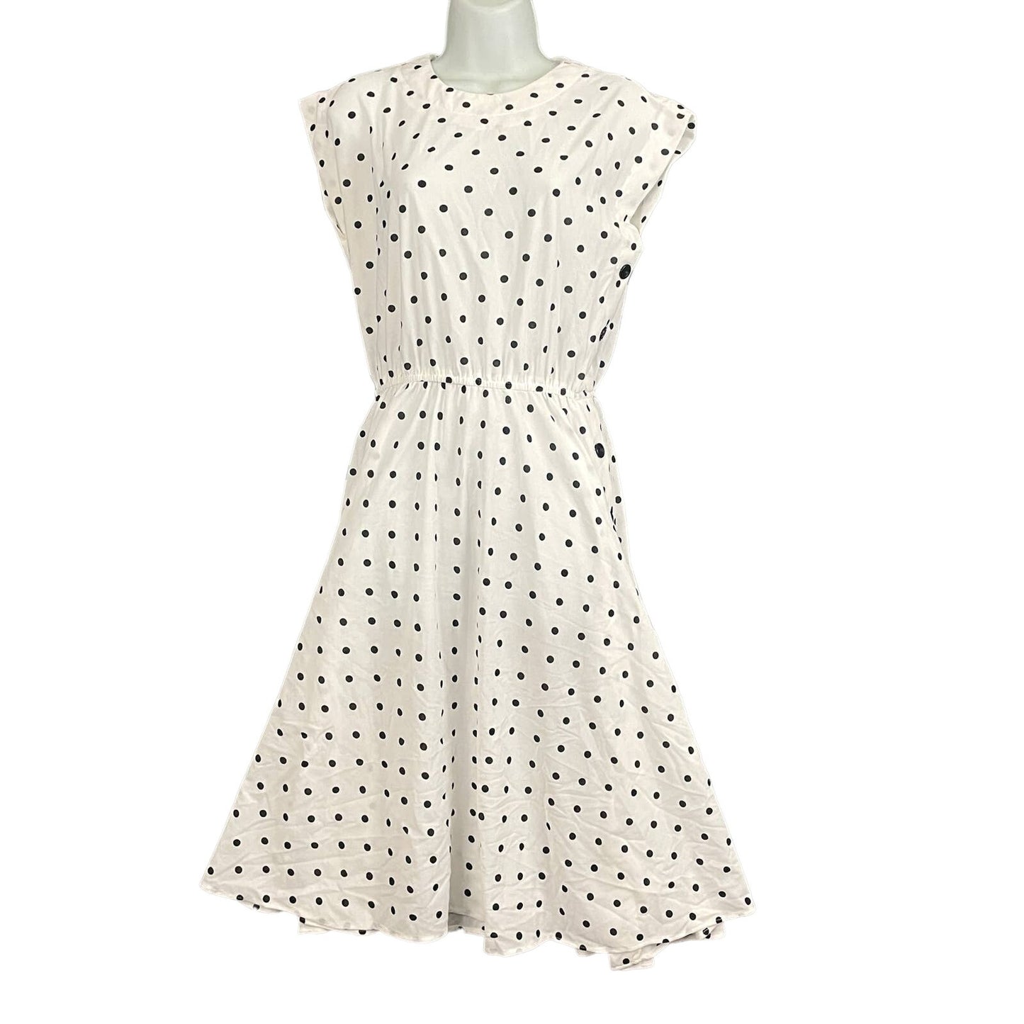 White Polka Dot Dress Sz 12 Side Buttons Sleeveless VTG Sally Lou 1980s Classic