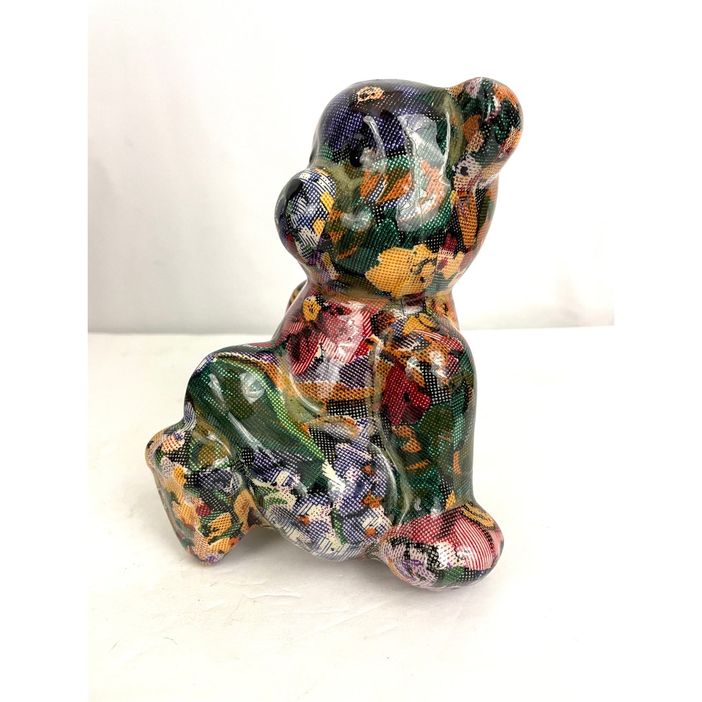 VTG Bear Multicolored Floral Patchwork Sitting Yoga Pose 6.5" Tall